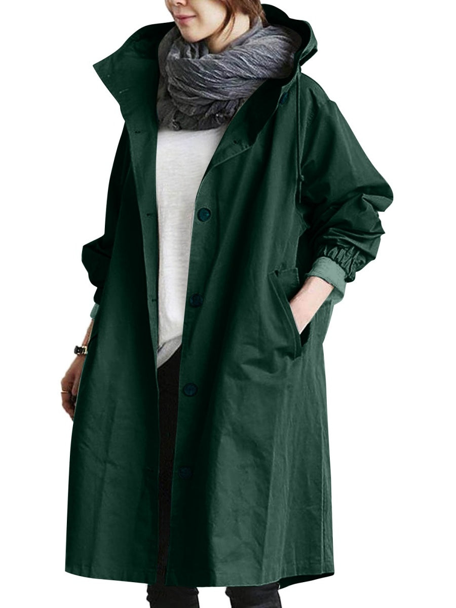 Oversized Hooded Single-Breasted Mid-Length Trench Coat