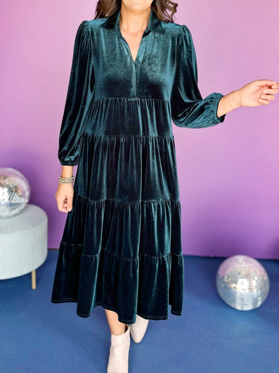 Velvet V-neck Multi-layer Ruffles Maxi Dresses