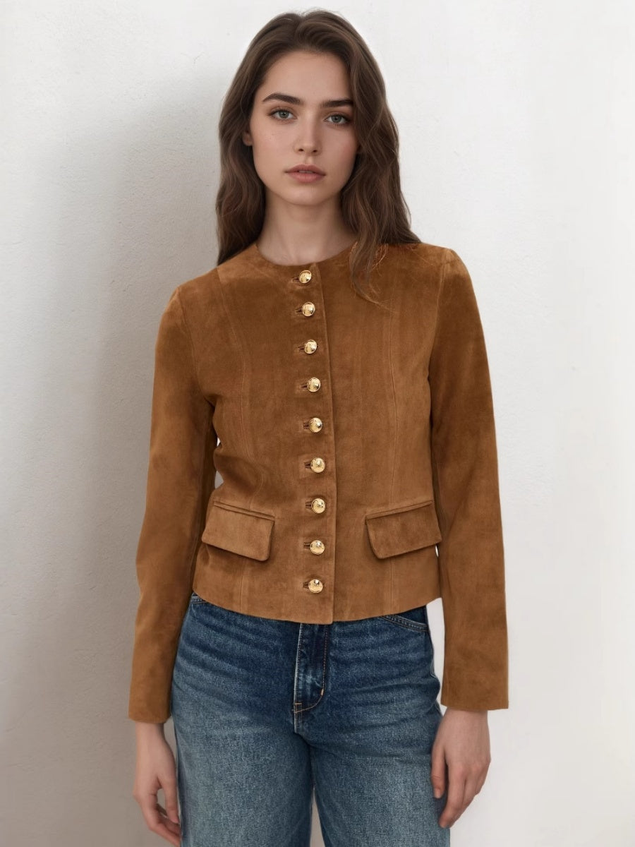 Liber Autumn women's suede metal embellishment round neck jacket