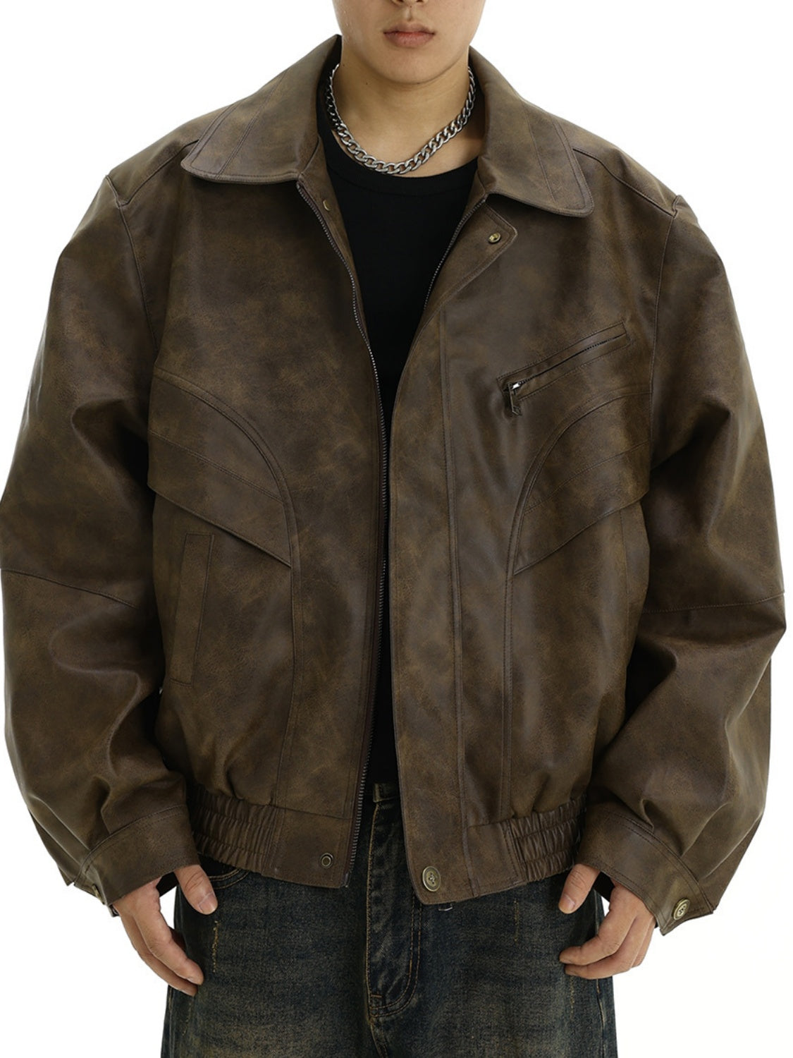 Braune Lederjacke mit Used-Look-Revers