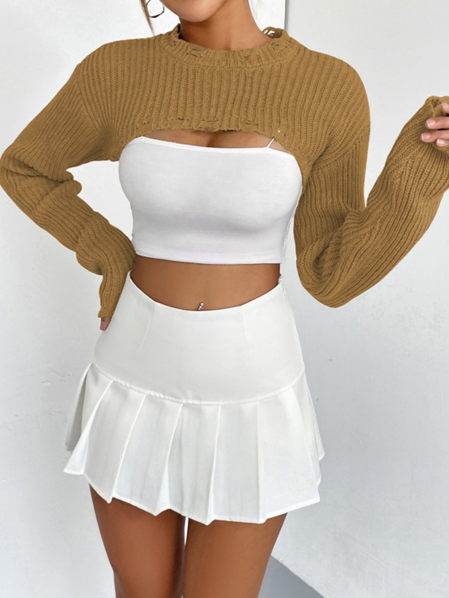 Liber Autumn women's knitted ripped short pullover mesh see-through top