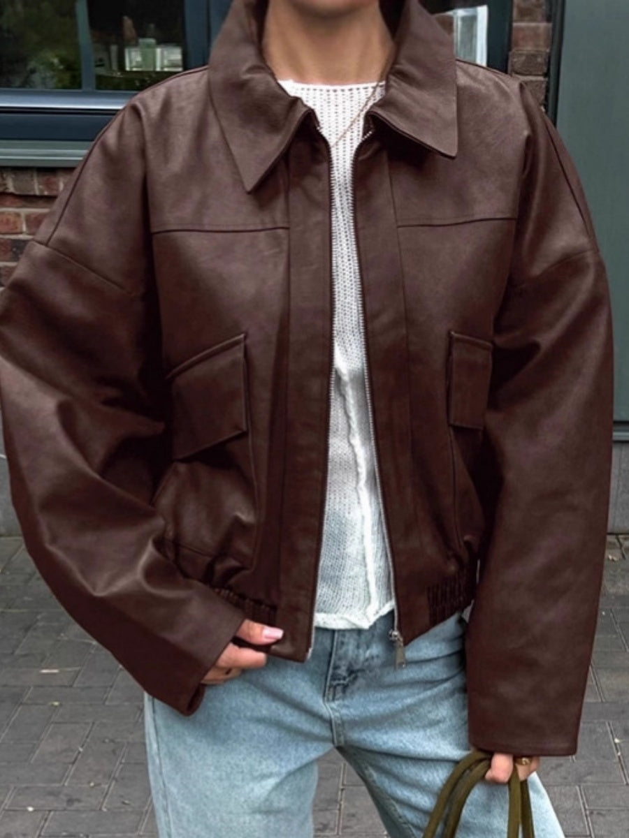 Leather Jacket With Large Pocket Decoration Jackets