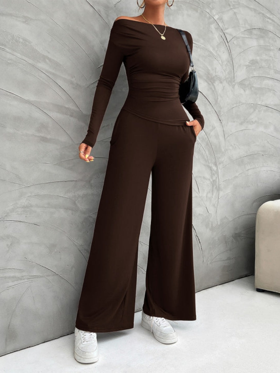 Leisure Pleated Solid Color Long Sleeve 2-piece Sets