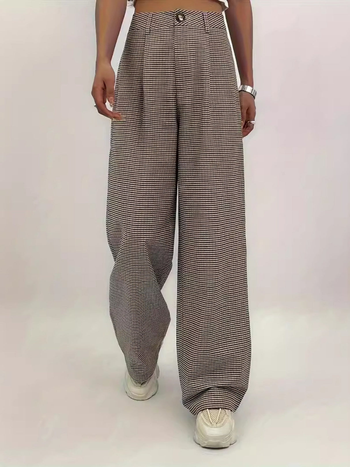 Plaid Print Button Pleated High Waist Loose Straight Casual Plaid Pants