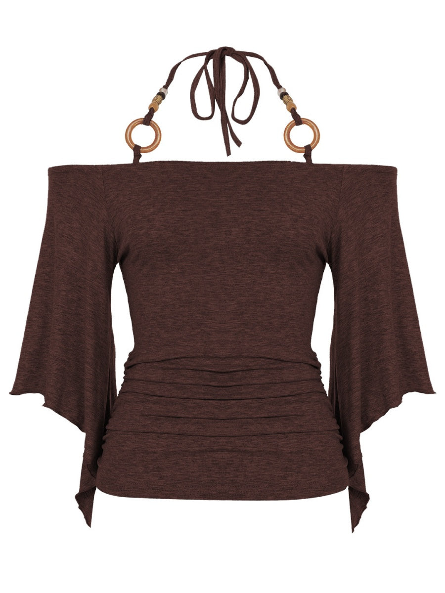 Off-the-shoulder Bell sleeves Cinched waist Halter neck top T-shirts