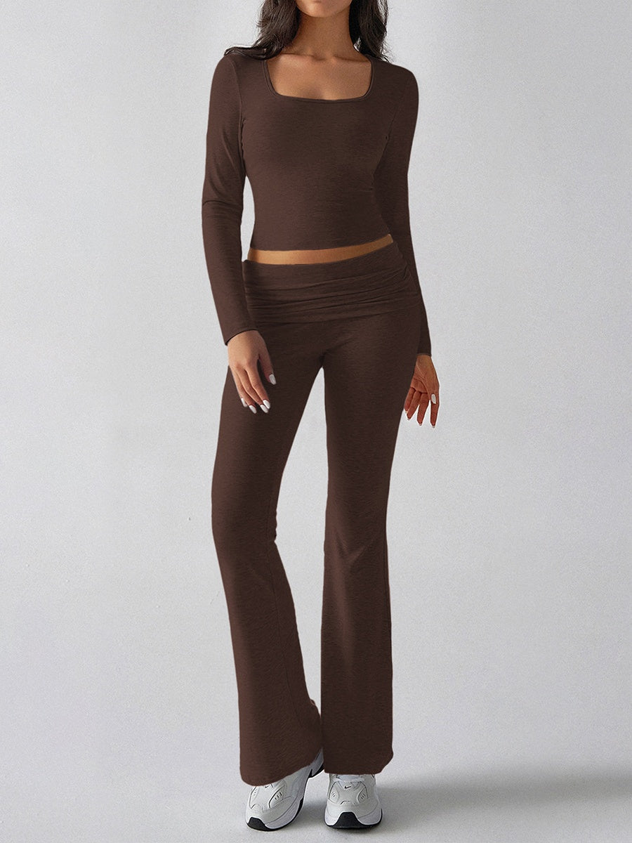 Leisure Navel Solid Color Long-sleeved Two-piece Suit