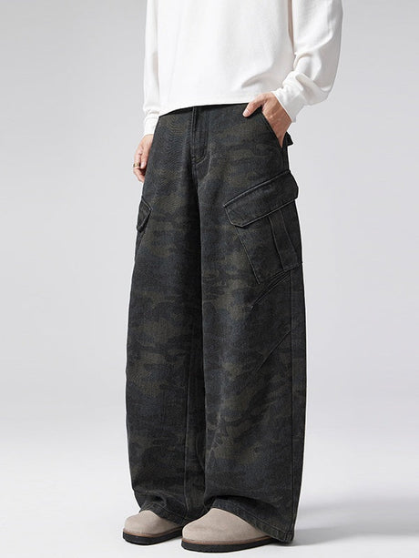 Retro Worn Out Machete Camouflage Multiple Pockets Pleated Cargo Trousers