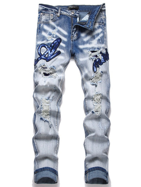 Punk Blue Heavy Craftsmanship Slim Stretch Ripped Patch Skinny Jeans