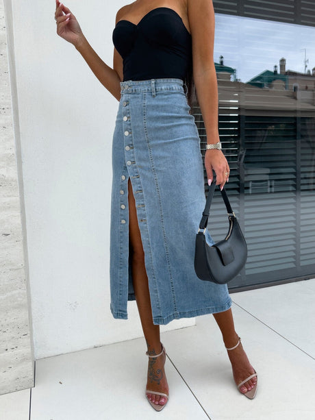 Liber Spring Women's Button Slit Solid Color Skirts