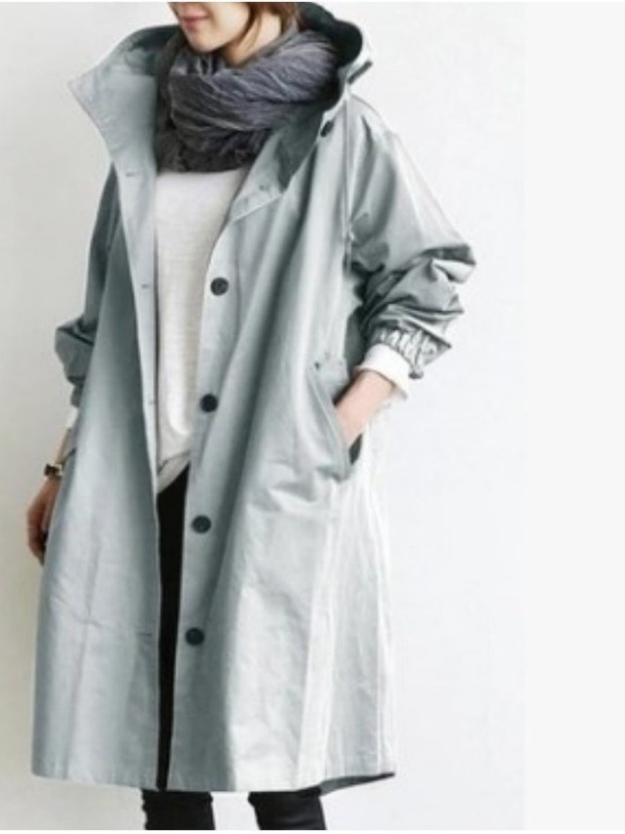 Oversized Hooded Single-Breasted Mid-Length Trench Coat