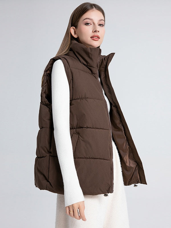 Stand Collar Sleeveless Zipper Pocket Warm Loose Mid-length Down Cotton Vest Jacket