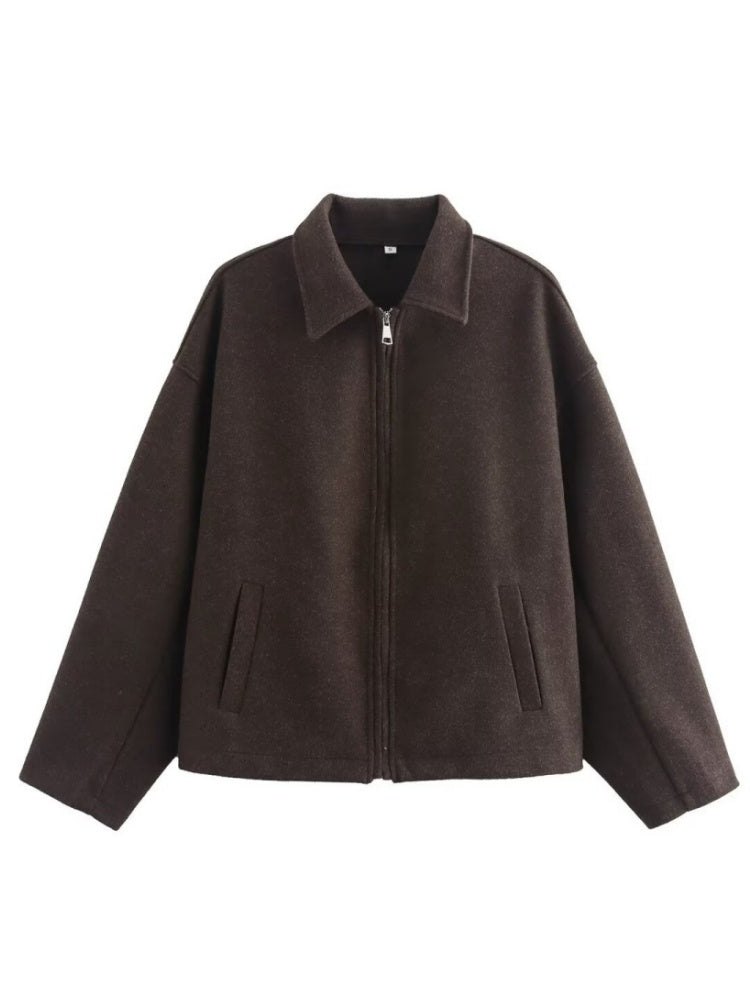 Lapel Zipper Solid Color Simple Oversized Woolen Jacket