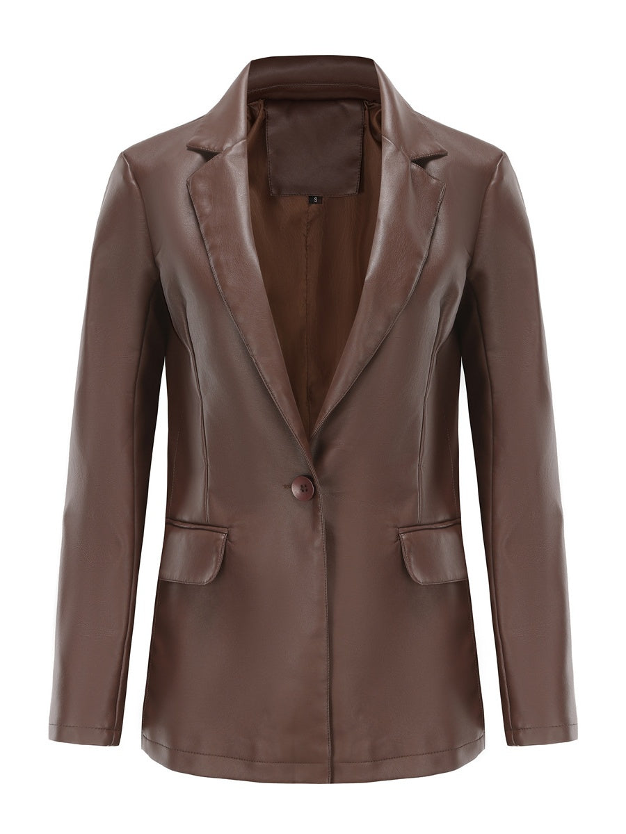 Single Button Pocket Solid Color Leather Jacket