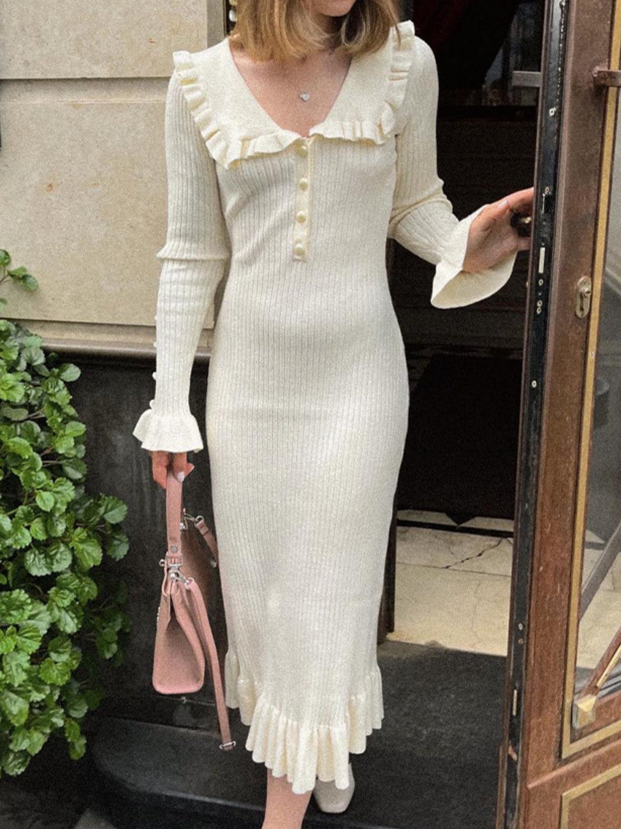 Ruffled Retro Splicing Ladies French Lapel Long Dress Knitted Skirt Sweater Dress