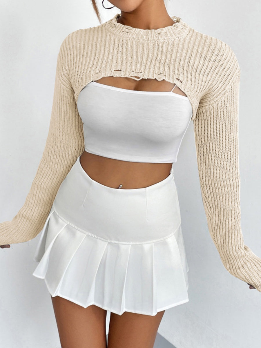 Liber Autumn women's knitted ripped short pullover mesh see-through top