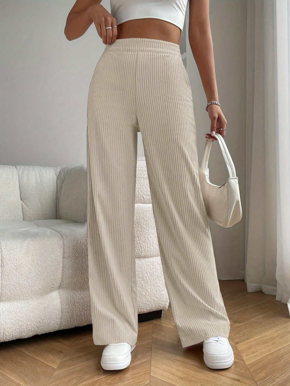 Threaded High-waist Loose Wide-leg Pants With Draped Straight Legs