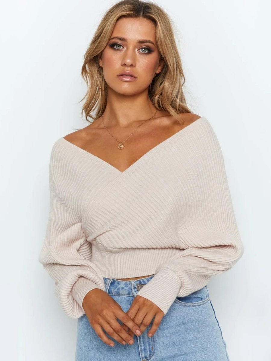 Liber Autumn women's clothing cross design Plain stitch V-neck solid color pullover long-sleeved sweater