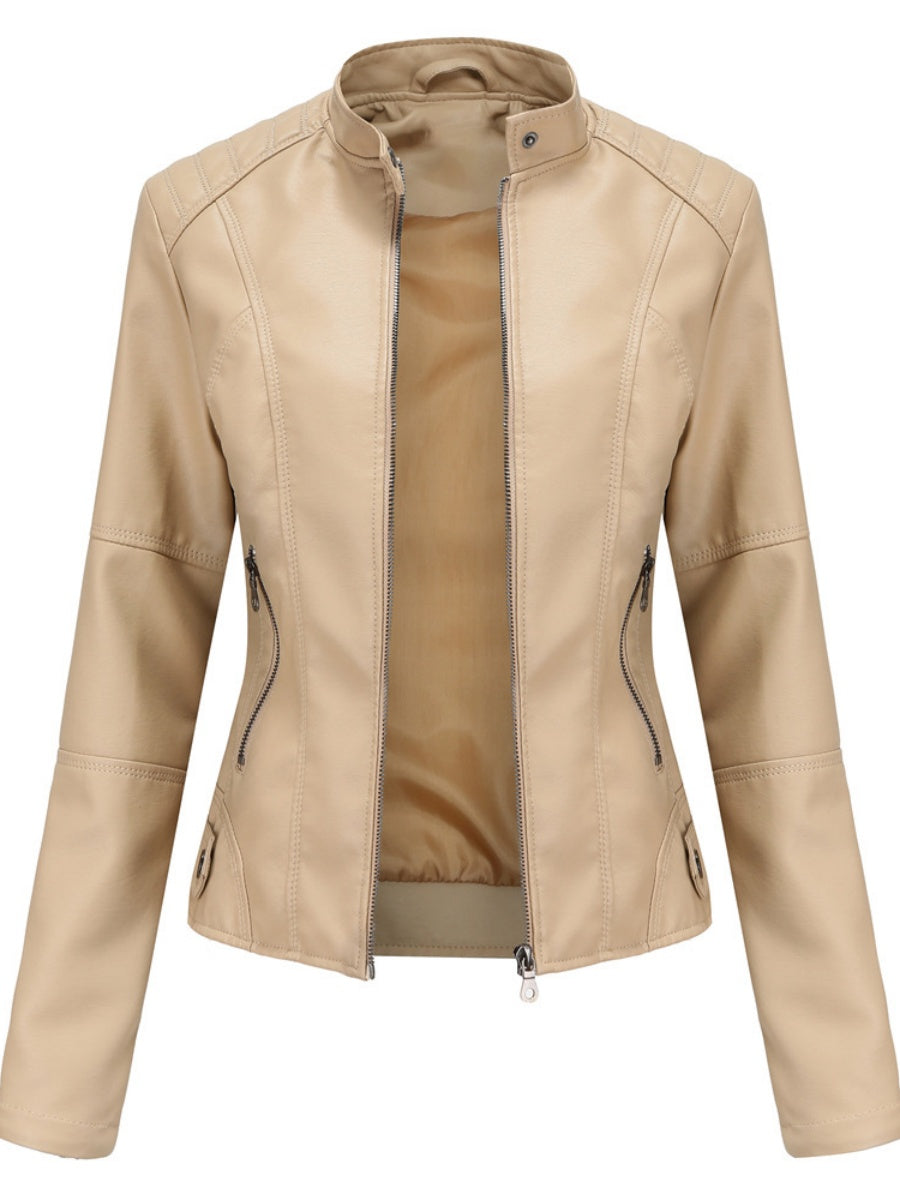 Veste en cuir à col montant et fermeture éclair, style urbain décontracté