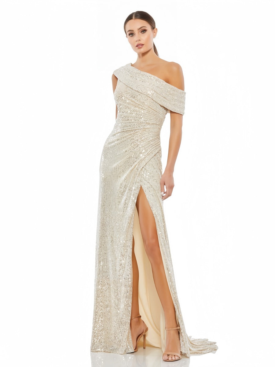 Sloping Shoulder High Side Split Sequins Maxi Dresses