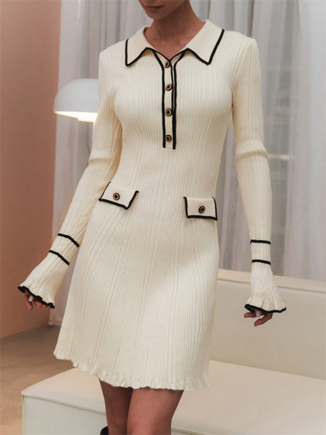 Spliced Chanel Style Long-sleeved Lapel Button-down Ruffled Knitted Mid-length Dress