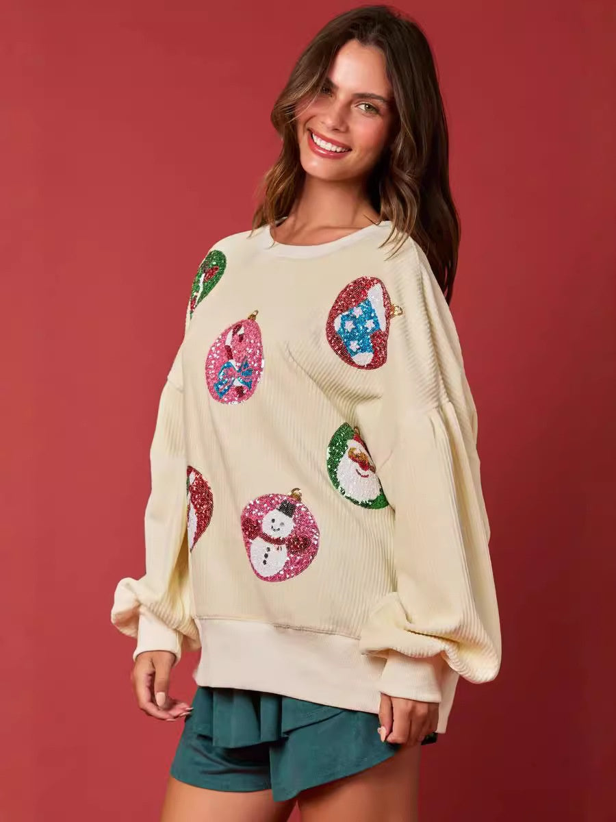 Christmas Egg Sequined Long Sleeve Loose Sweatshirt Pullover Top