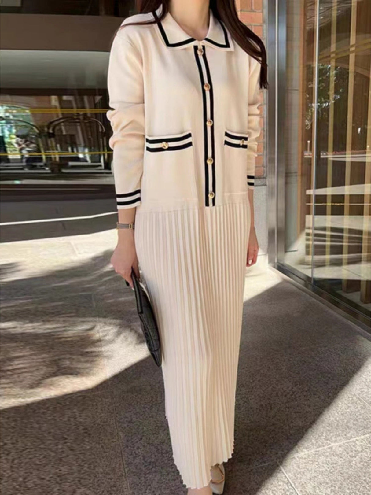 Lapel Contrasting Trim Elegant Chanel Style Pleated Loose Long Knitted Dress