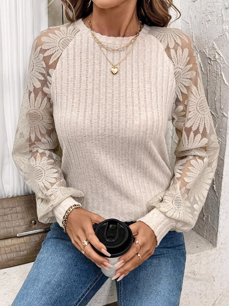Apricot Crew Neck Hollow Lace Stitching Long Sleeve Blouse