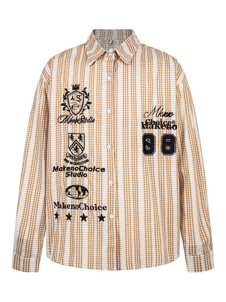 Plaid Retro Vibe Badge Embroidery Lapel Long-sleeved Shirt