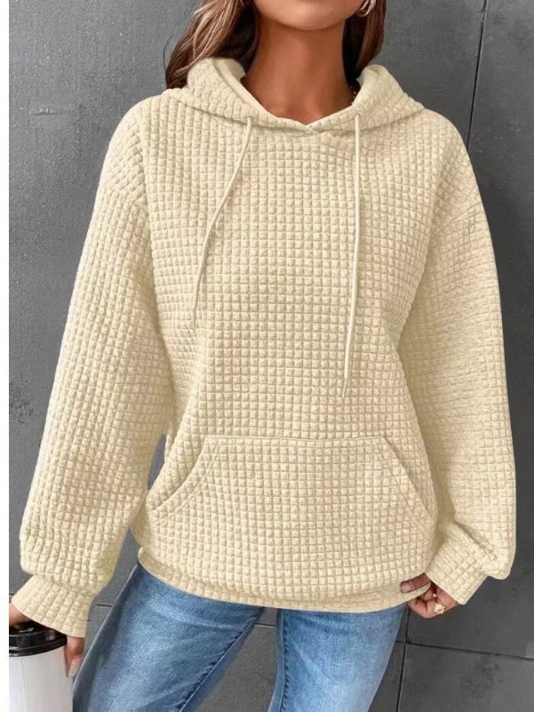 Waffle Crew Neck Long Sleeve Pocket Solid Color Hooded Sweatshirts&Hoodies