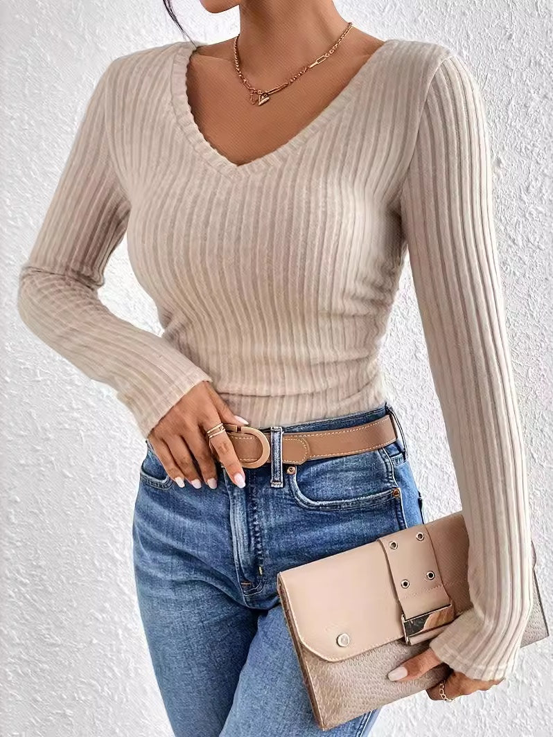 Apricot Pleated V-neck Long Sleeve Sanded Pier Needle Weaving T-shirts