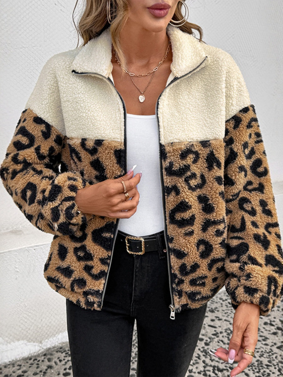 Splicing Zipper Leopard print apricot pocket jacket