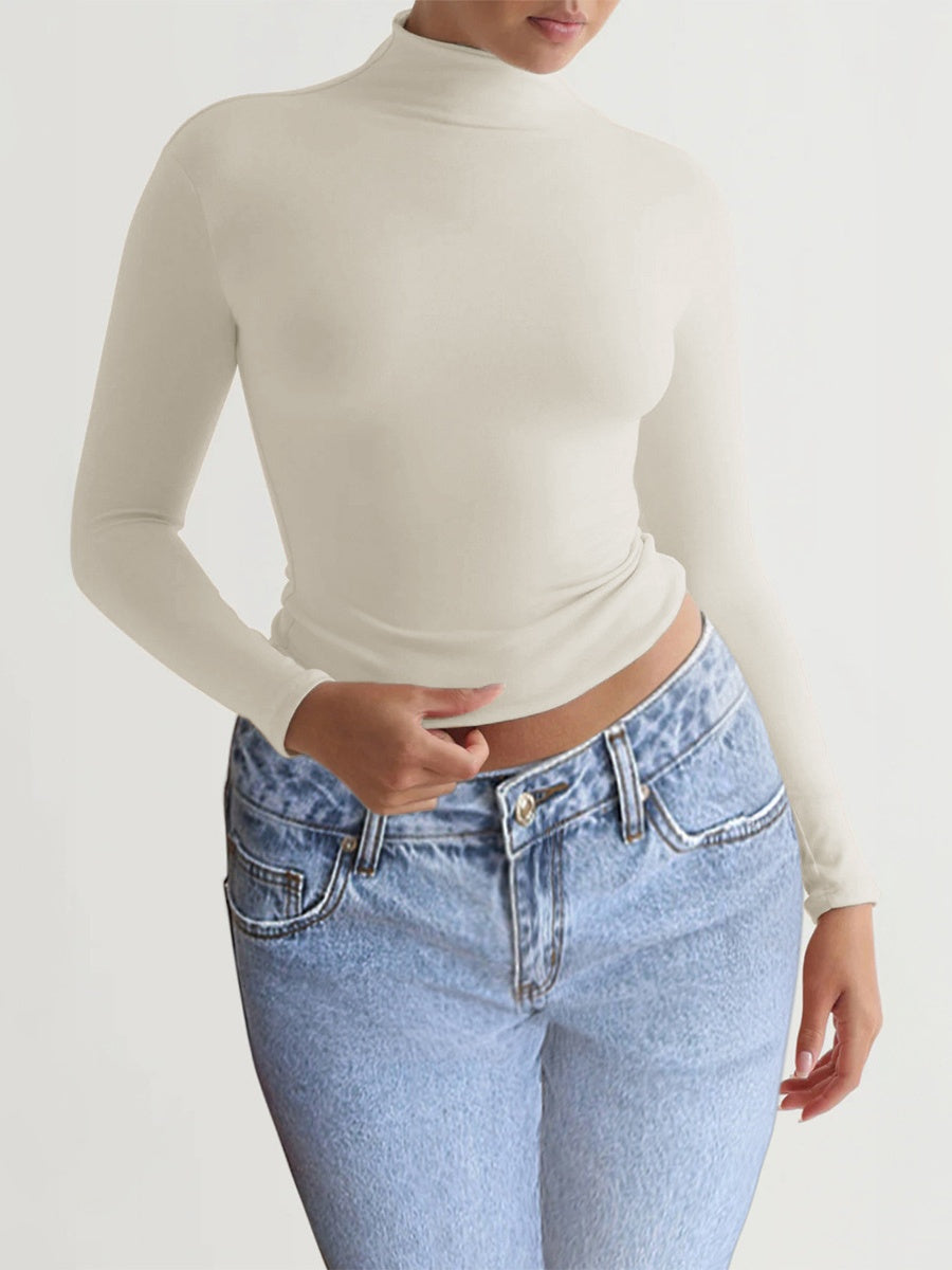 Simplicity Navel Solid Color Turtleneck Long Sleeve T-shirts