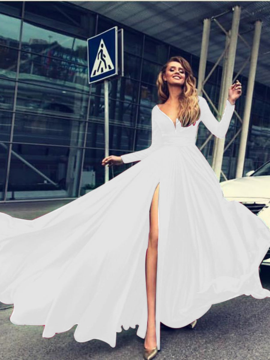 Sexy Deep V Long Sleeves Solid Color Maxi Dresses