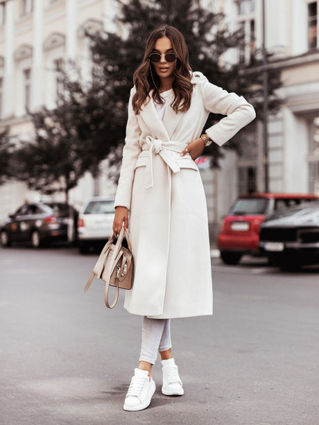 Simple Long-sleeved V-neck Tie Woolen Solid Color Coats