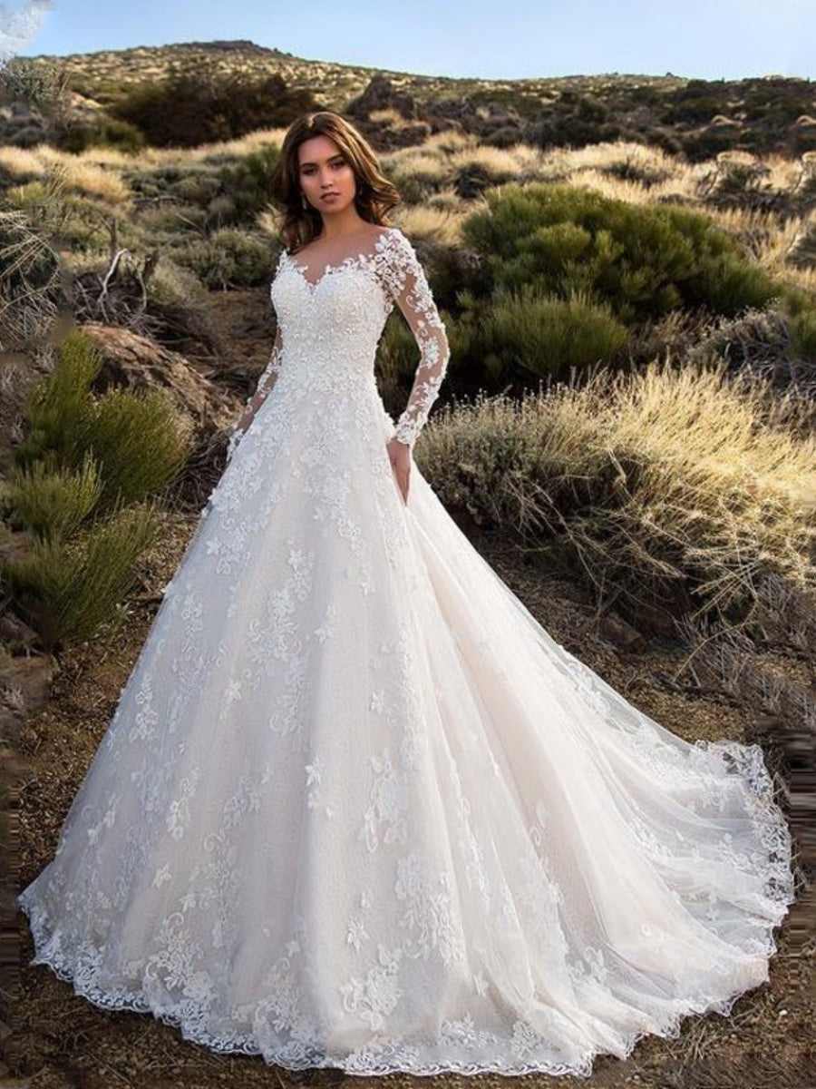Lace Long-sleeved One-shoulder Bridal Wedding Dress Long Dress