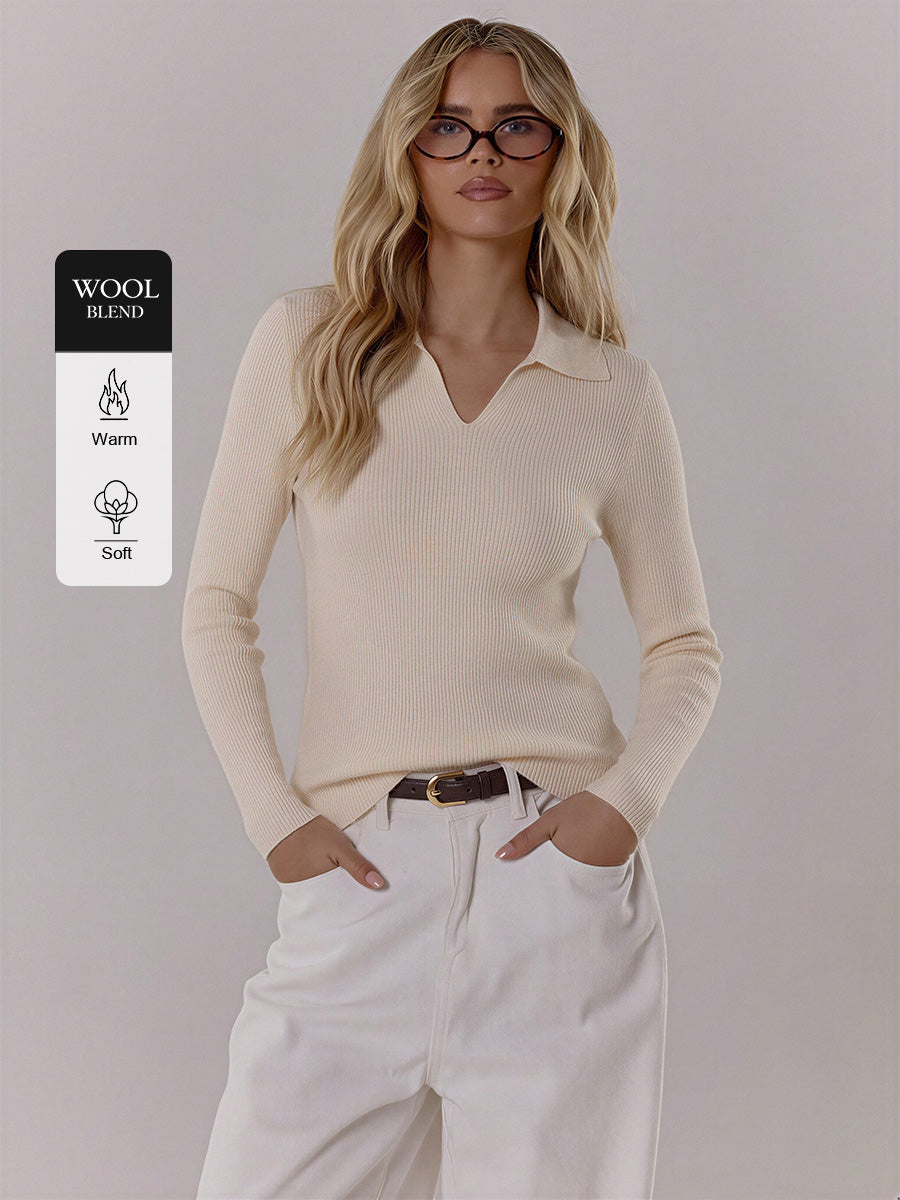 Ribbed Polo-Collar Wool-Blend Sweater