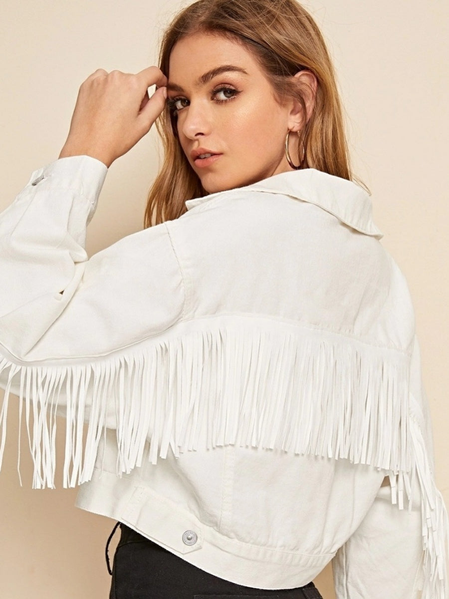 Liber Autumn Women's Tassel White Denim jacket