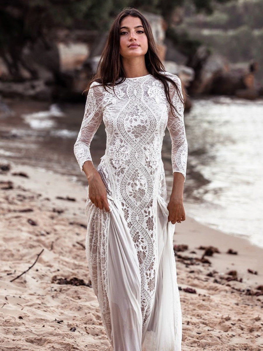 Hollow Printed Long Sleeve Bridal Wedding Dress Maxi Dresses