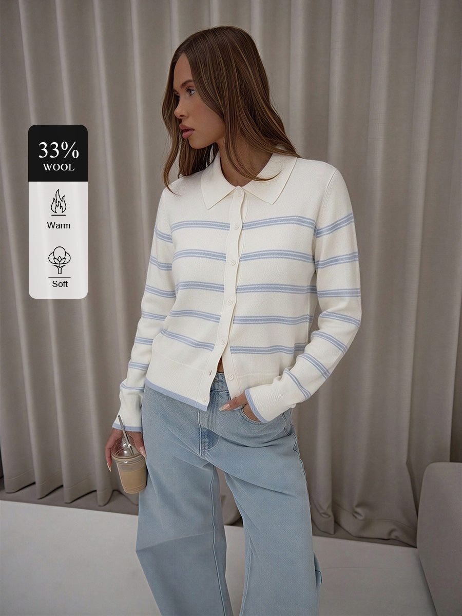 Wool-Blend Striped Polo Cropped Cardigan
