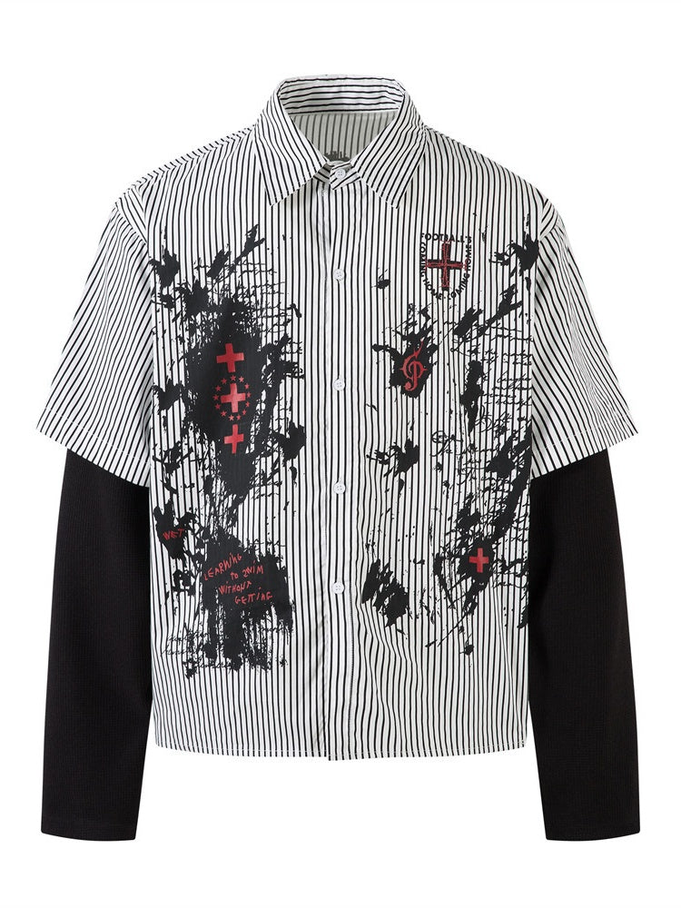Fake Two Pieces Vertical Stripe Dark Graffiti Ink Prints Paneled Long-sleeved Shirt