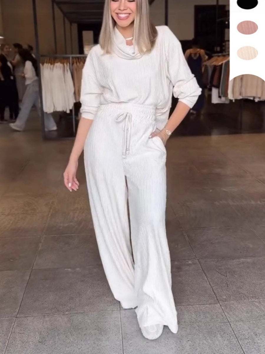 Blended Loose Jacquard Stand Collar Long Sleeves Two-piece Straight-leg Trousers