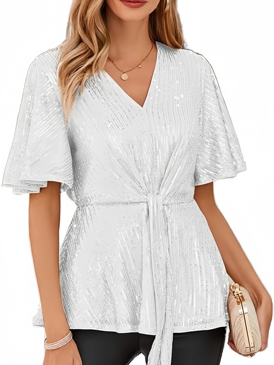 V-neck Pullover Sequins Tie-strap Mesh/see-through Top