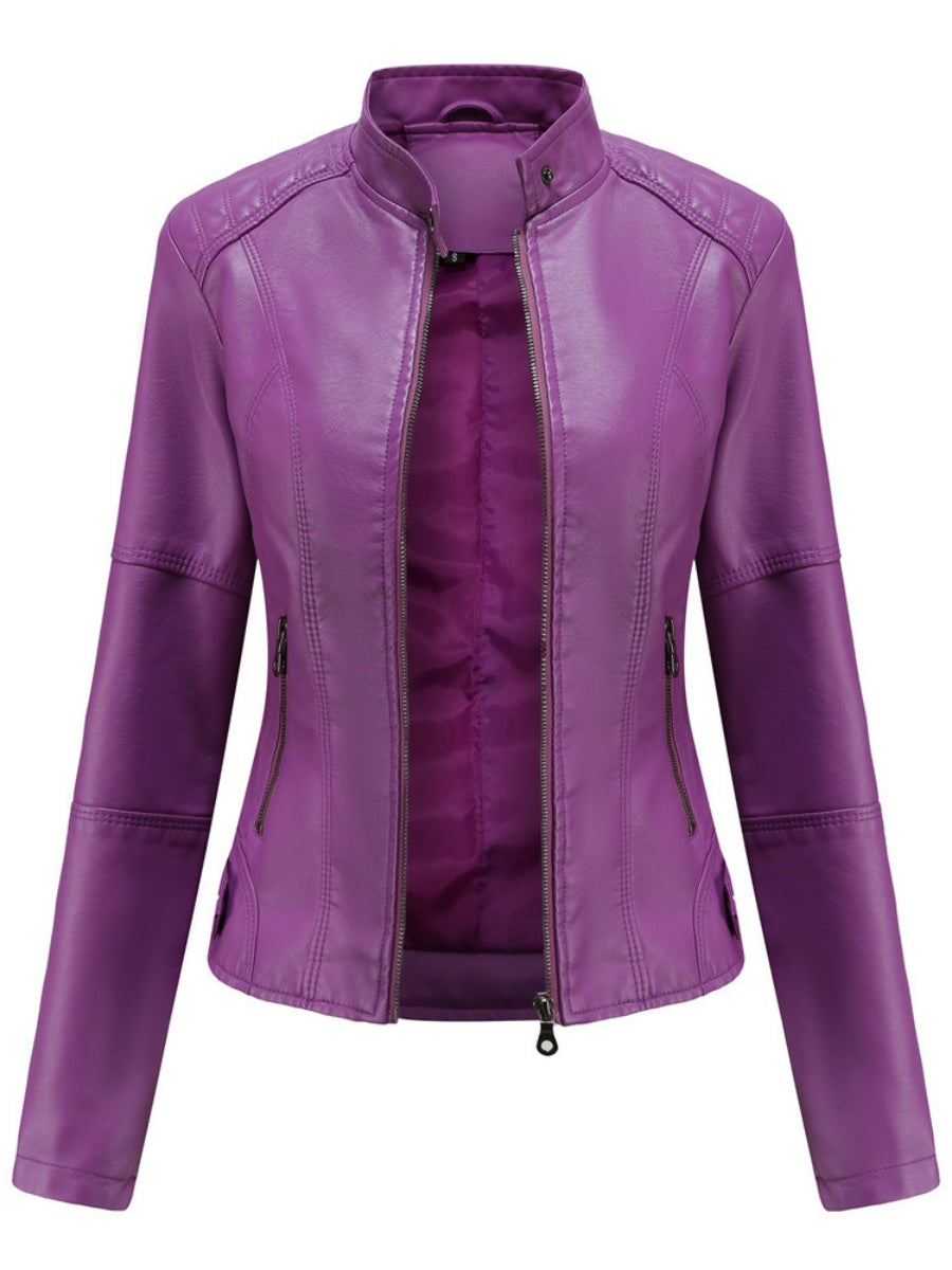 Veste en cuir à col montant et fermeture éclair, style urbain décontracté