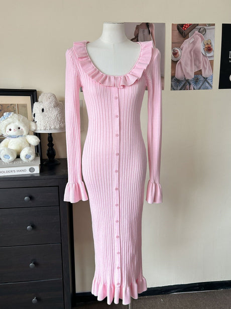 Trumpet Sleeve Ruffle Dress Single Breasted Tight Hip-Wrap Waist Sexy Sweater Long Dress