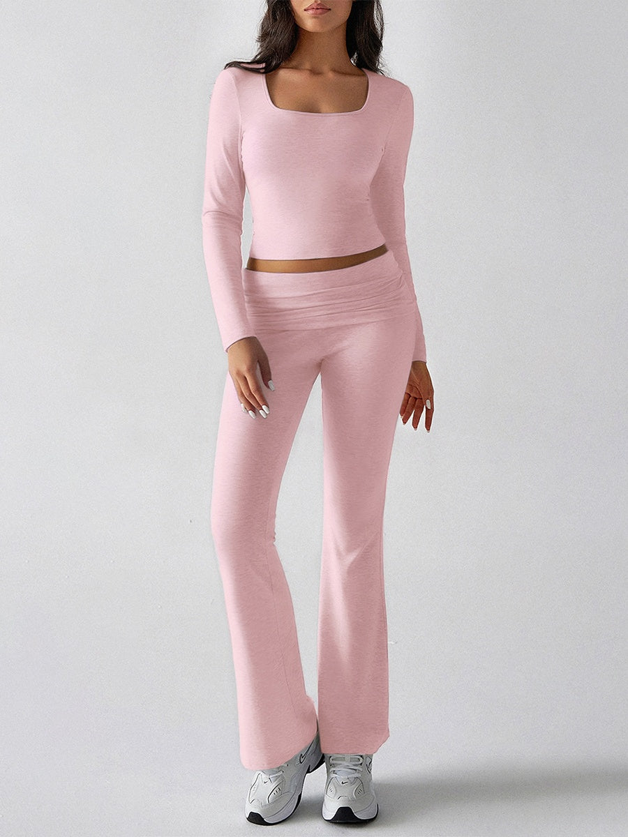 Leisure Navel Solid Color Long-sleeved Two-piece Suit
