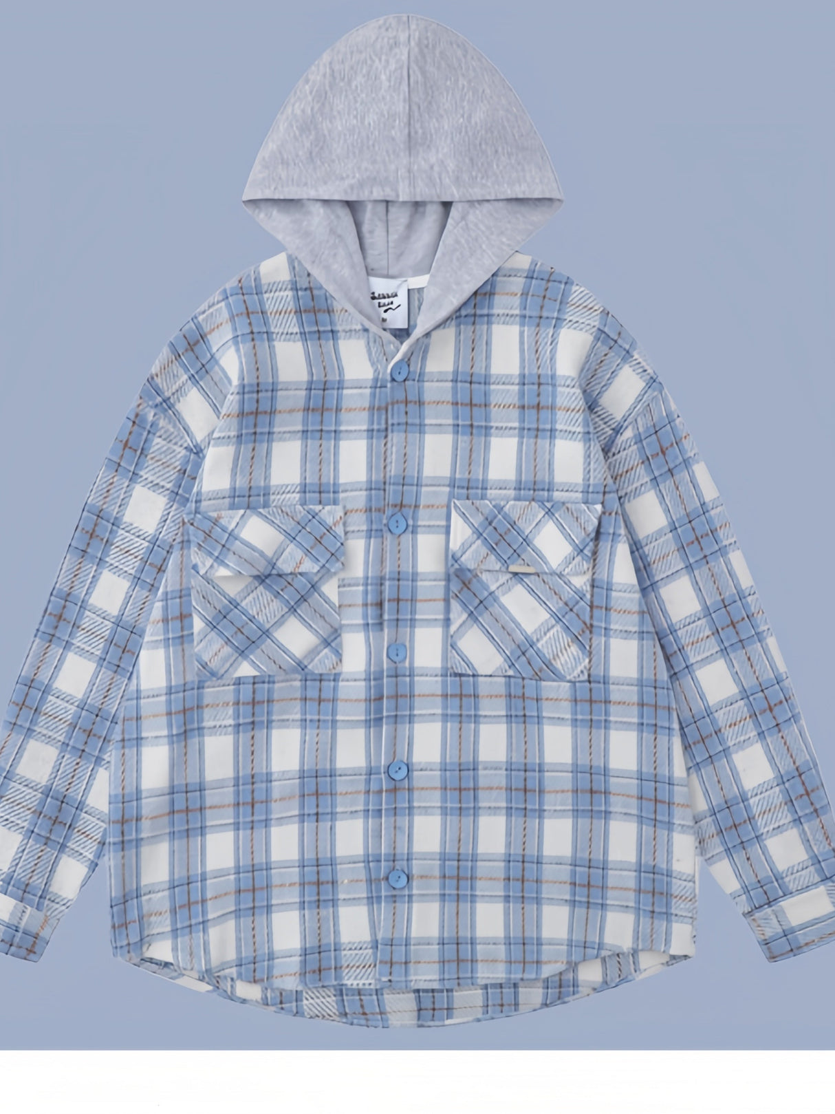 Tweed Sanding Plaid Splicing Contrasting Colors Fake Two Pieces Hooded Long-sleeved Shirt