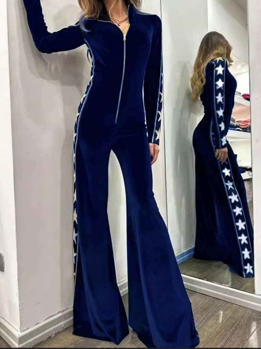 Velvet Patchwork Printed Long-sleeved Wide-leg Jumpsuit