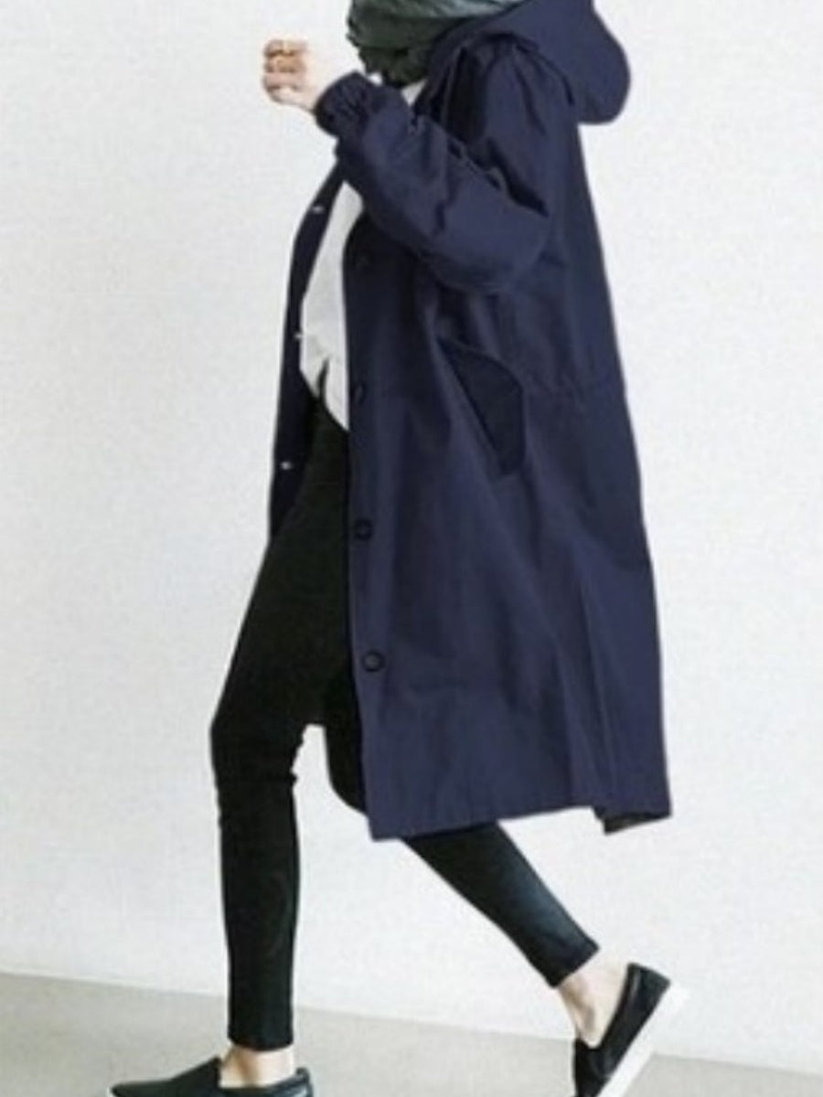 Oversized Hooded Single-Breasted Mid-Length Trench Coat