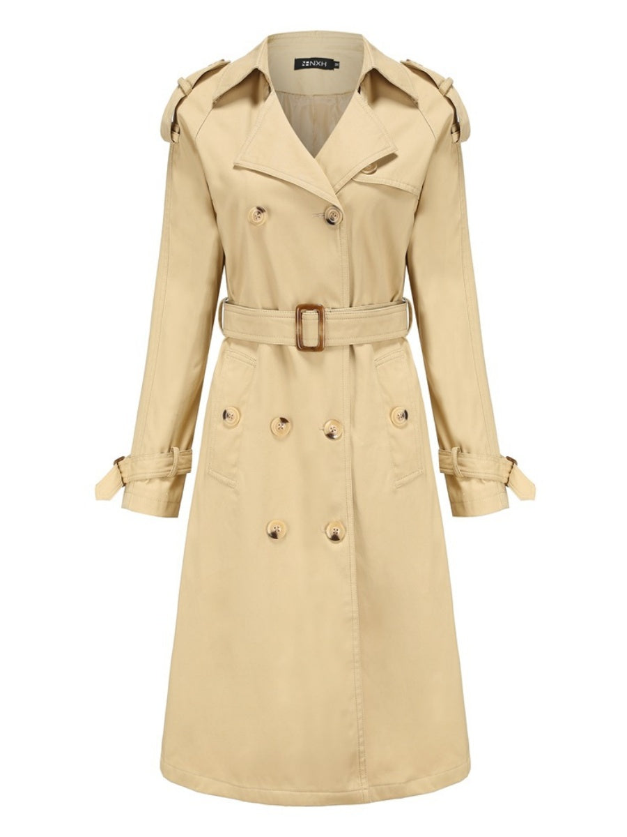 Waist-hugging Cotton Long Sleeve Lapel Three-dimensional Decoration Solid Color Trench Coats