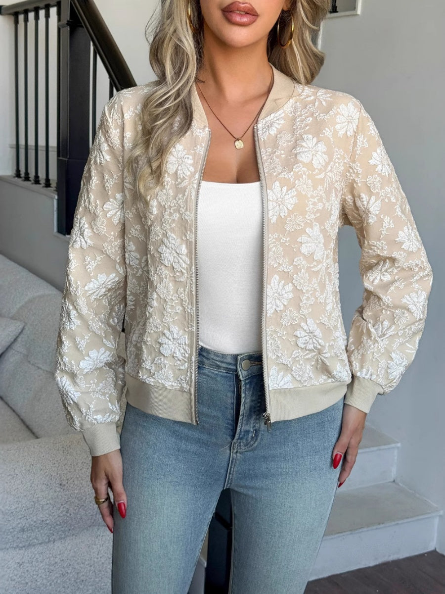 Baseball Uniform Floral Textured Fabric Zipper Daily Workplace Jacket